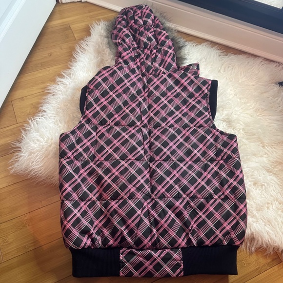 Neu Look Pink and Black Coat Vest with faux fur hood Size XL - Picture 2 of 3